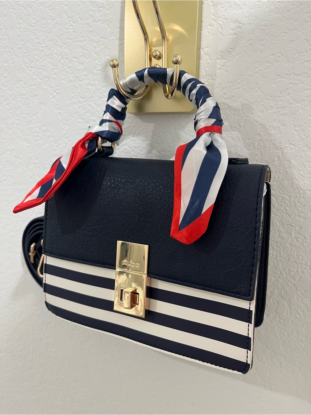 Aldo Navy, White and Red Striped Top-Handle Crossbody Bag Brand New